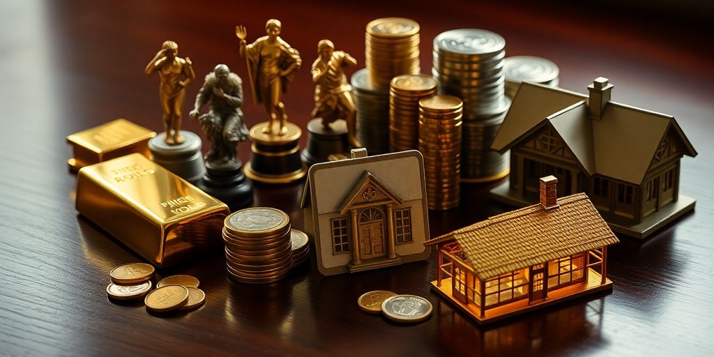 Diverse objects scattered, coins, gold, art, real estate.