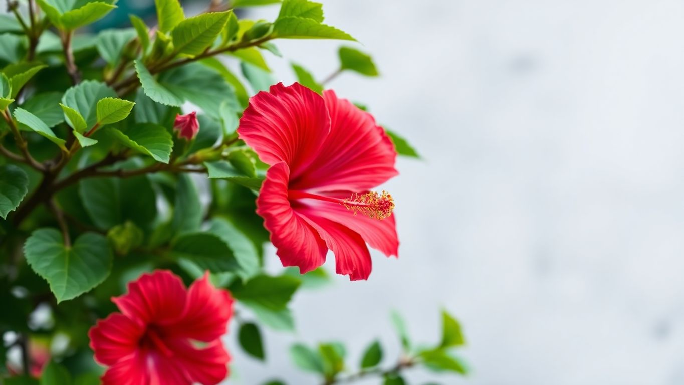 Flores de hibisco vermelhas em fundo desfocado.