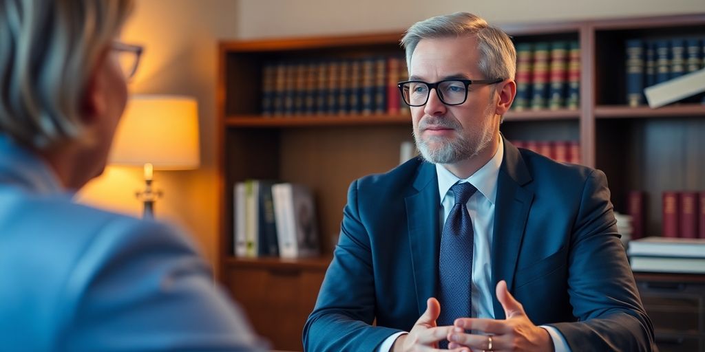 Lawyer meeting client in an office setting.