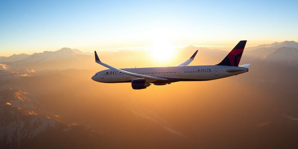 Delta airplane flying over snowy Alaskan mountains at sunset.