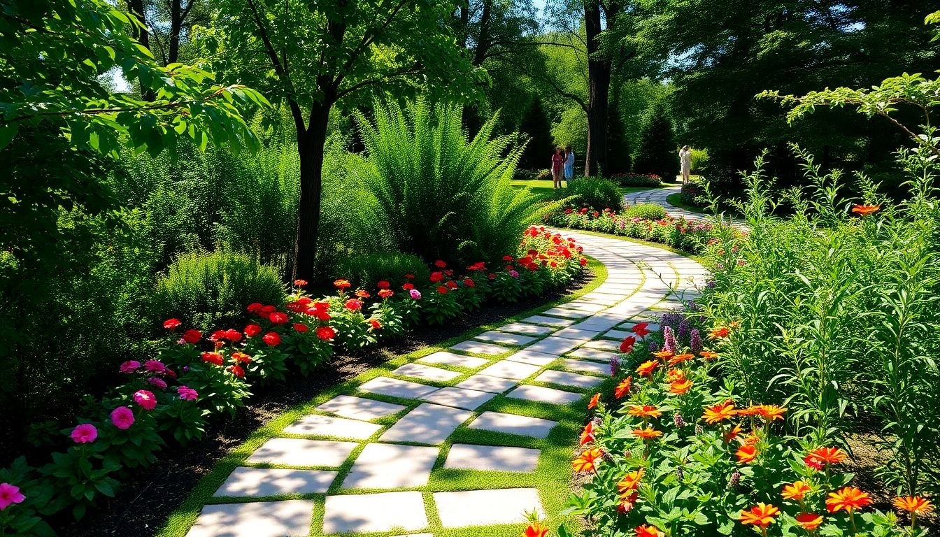 A charming garden path surrounded by flowers and greenery.