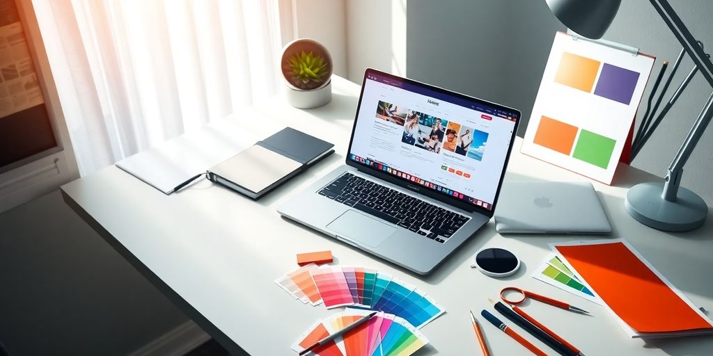 Modern workspace with laptop and design tools.
