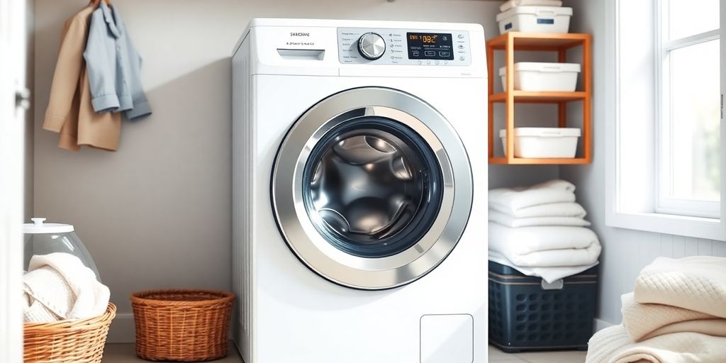 Modern Samsung washing machine in a bright laundry room.