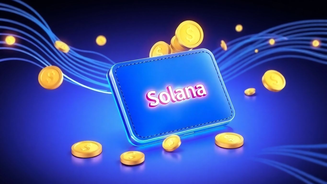 3D illustration of a digital wallet with Solana icons.