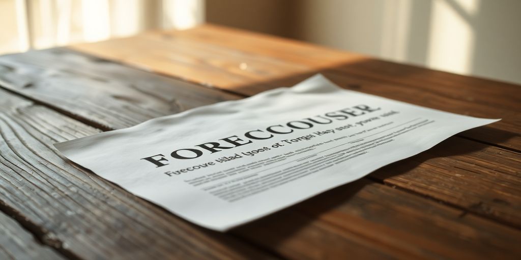 Foreclosure document on rustic wooden table, sunlight.