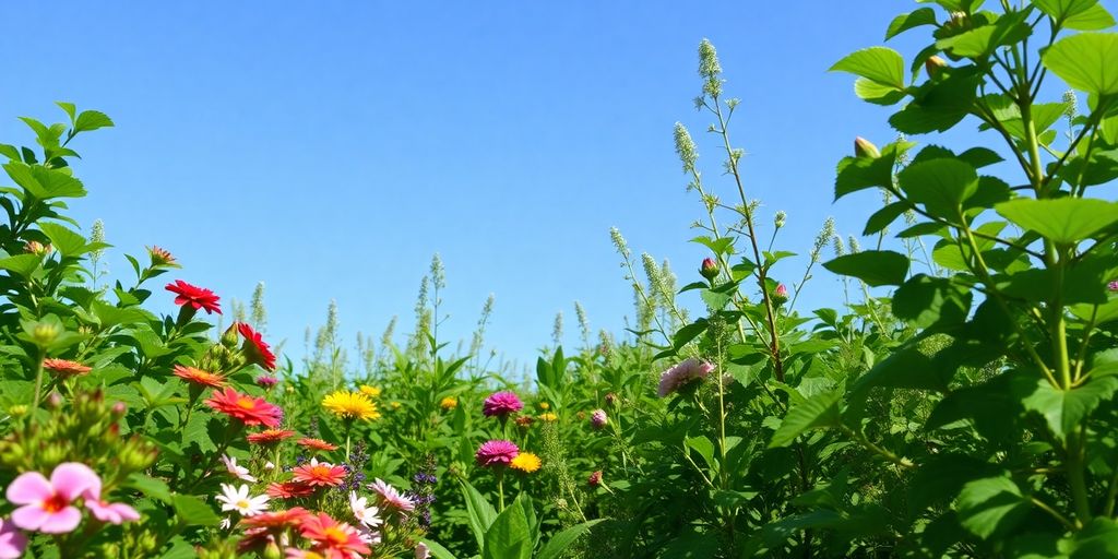Grădină sănătoasă fără dăunători, plante verzi și flori.