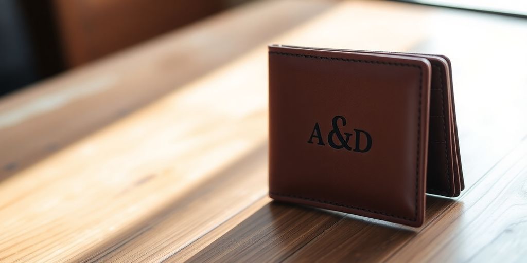 Personalized leather wallet with initials on a wooden surface.