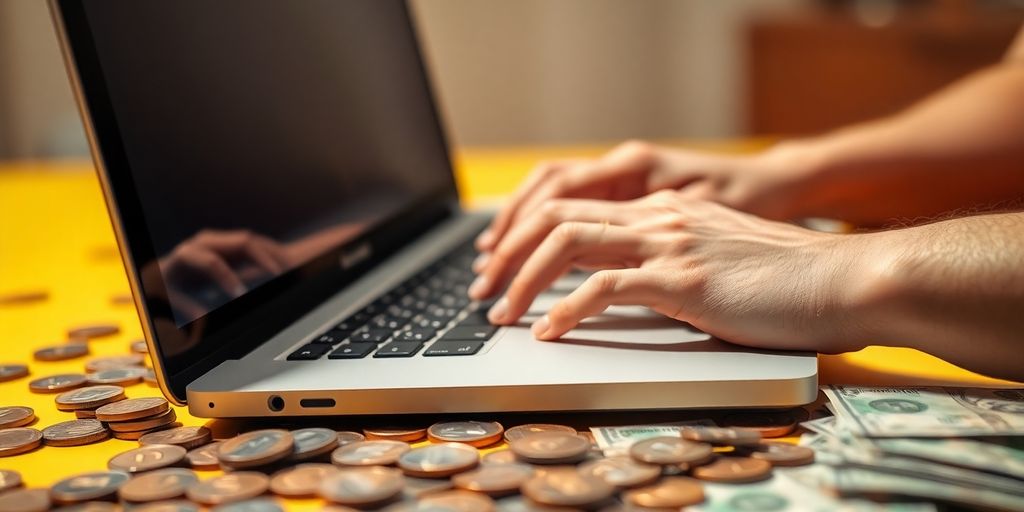 Moedas, laptop, mãos digitando, freelancer online.