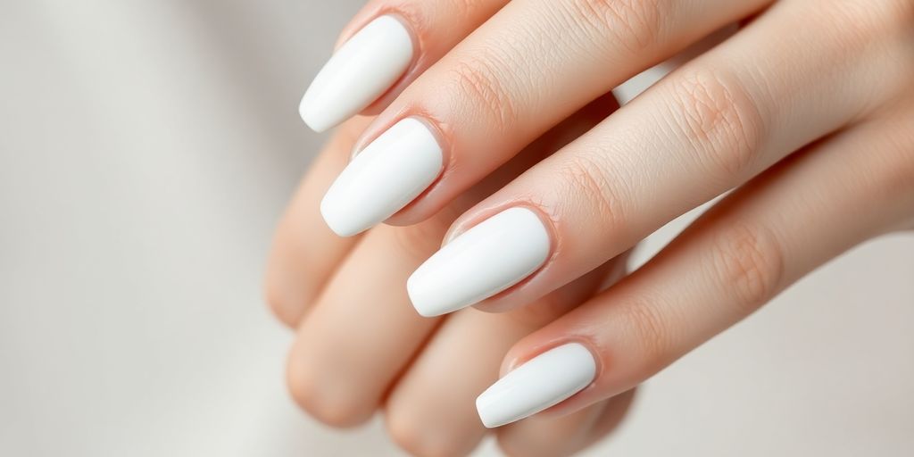 Unhas brancas brilhantes e bem cuidadas em destaque.