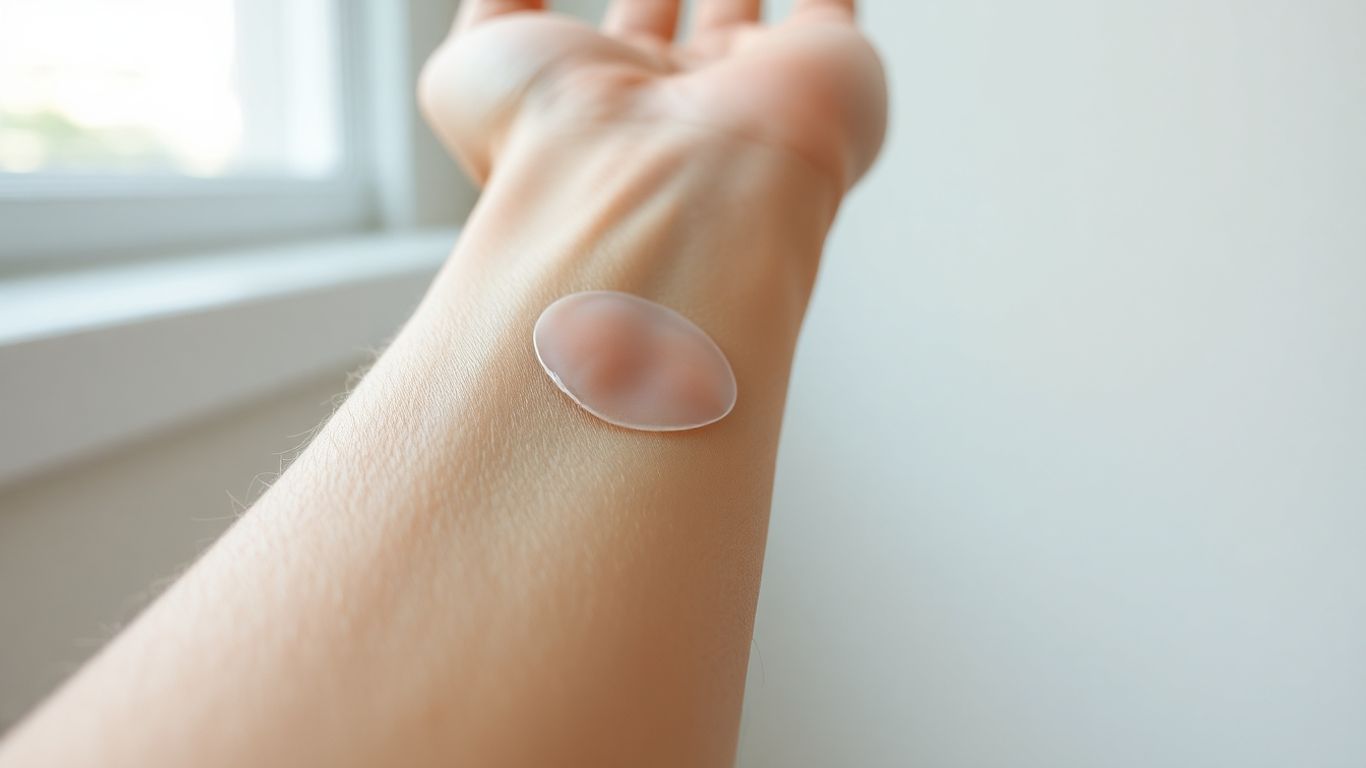 Close-up forearm hair with translucent glucose patch on skin, needle-free.