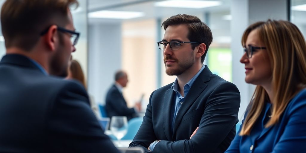 Menschen im Büro mit blauen Akzenten.