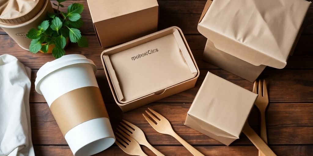 Biodegradable coffee cups and boxes on a wooden table.