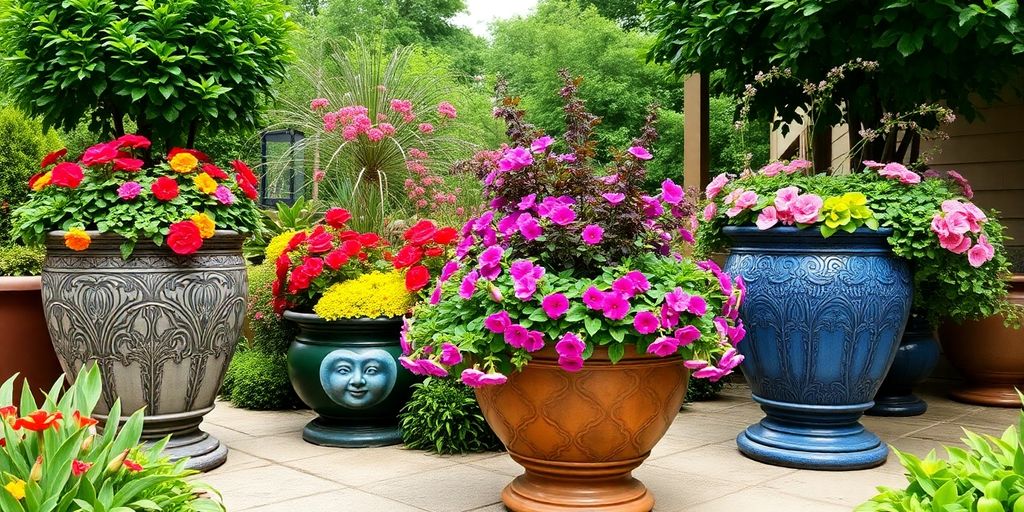 Vasos grandes com plantas em um ambiente externo.