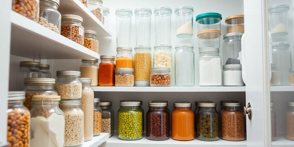 Neatly stacked glass jars and containers in a kitchen.