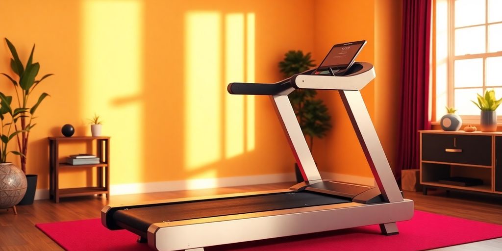 Modern treadmill in a bright home gym setting.