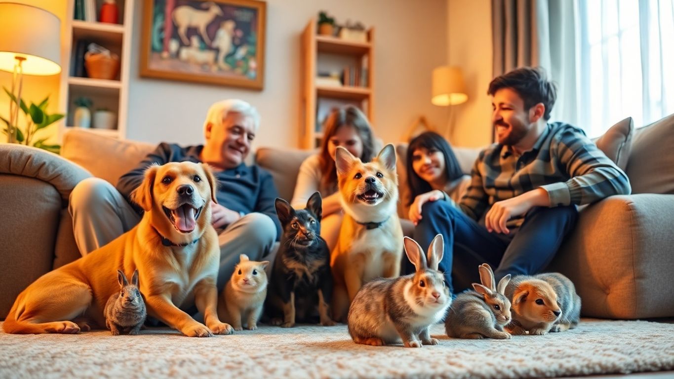 Cachorro, gato e coelho brincando com seus donos.