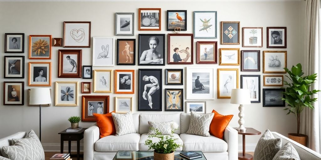 A stylish gallery wall with various framed artworks.