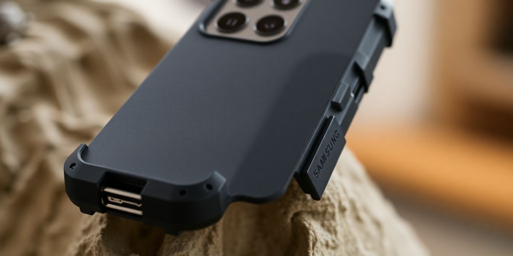 Samsung Galaxy S24 phone in a rugged black case.