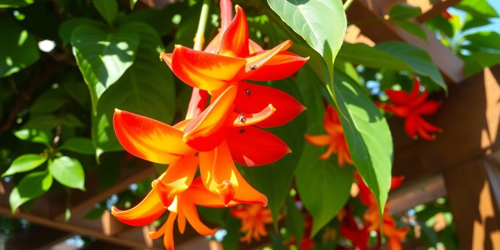 Heliconia colgando de una pérgola y sus plagas.