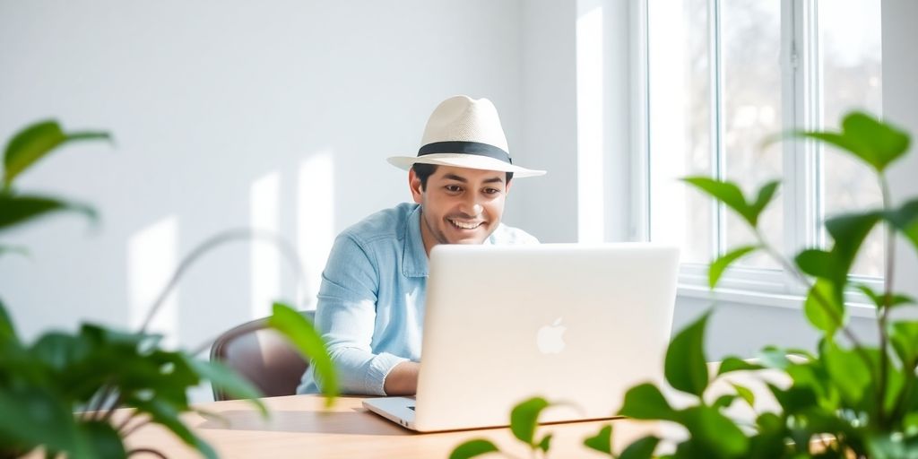 Person wearing white hat works at desk beside green plant