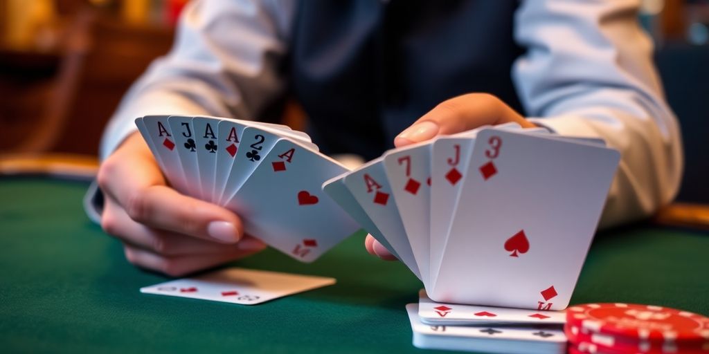 Blackjack player holding cards, looking at dealer.