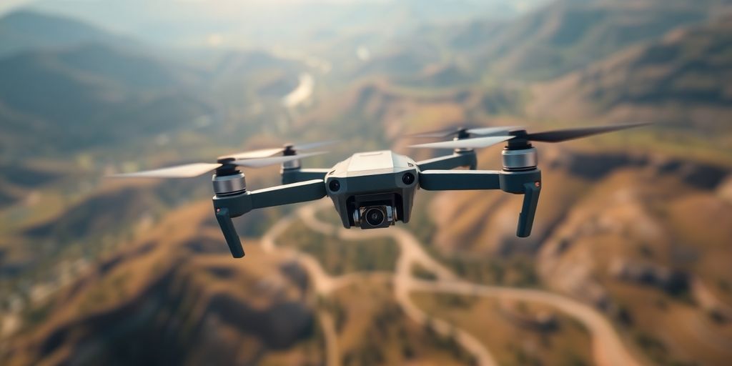 Drone FPV volant dans un environnement virtuel coloré.