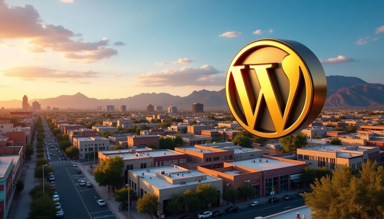 Downtown Tucson with WordPress logo in gold above.