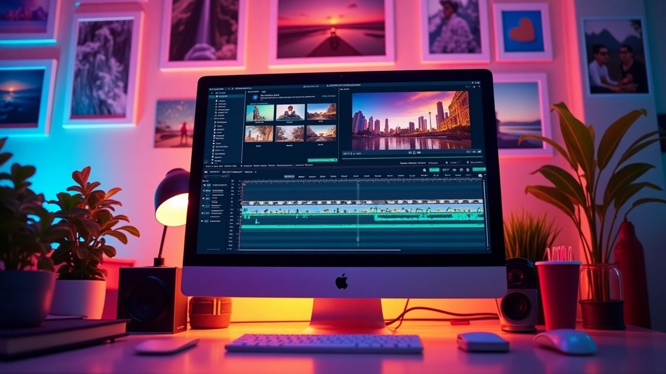 Computer screen with video editing software and colorful clips.