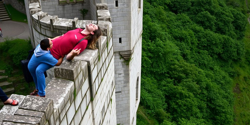 Person kissing the Blarney Stone upside down with assistance.