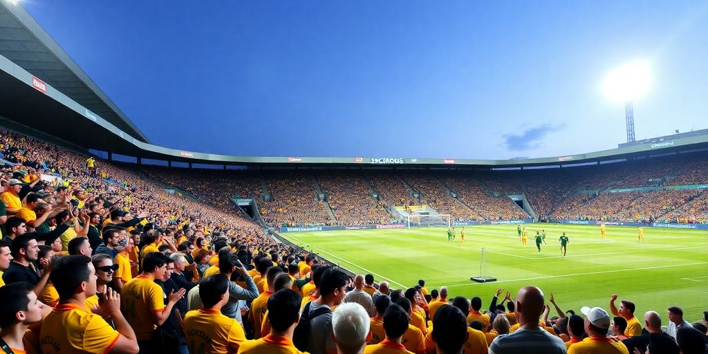 Socceroos fans cheering in a packed stadium at twilight.