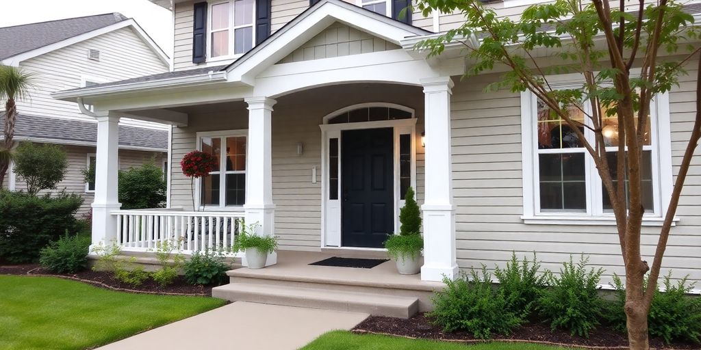 House exterior with renovated facade and landscaping.