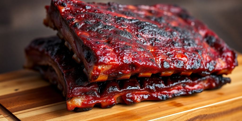 Closeup of glistening beef ribs with smoky bark.