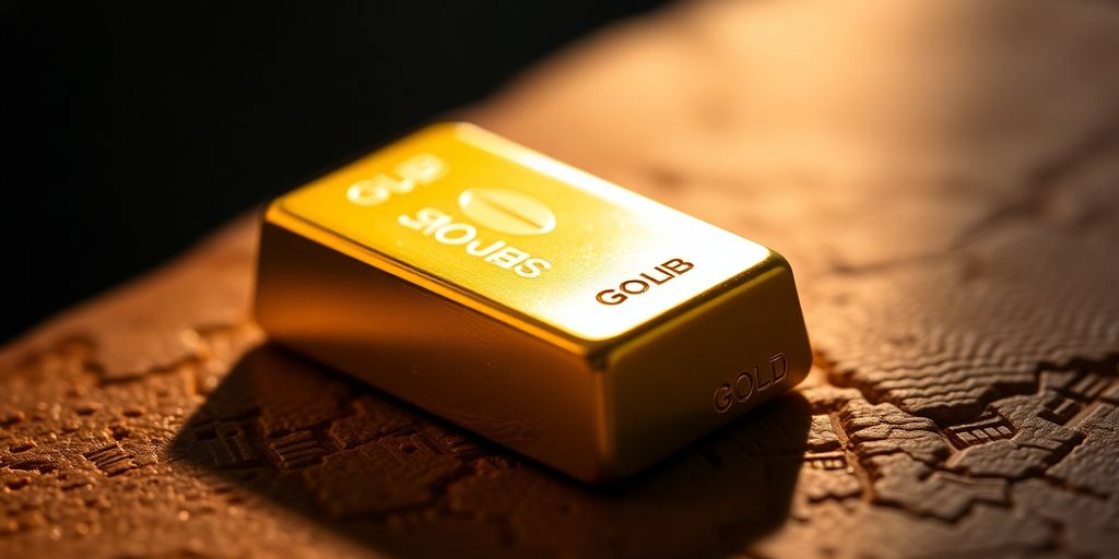 Lingot d'or sur une surface texturée, éclairage doux.