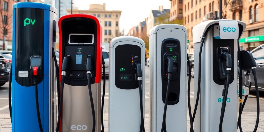 Different types of EV charging stations in an urban setting.