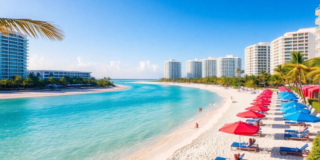 Beachfront hotels with palm trees and clear blue waters.