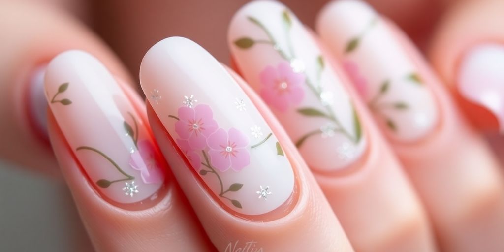 Decorated gel nails in light pastel colors with designs.