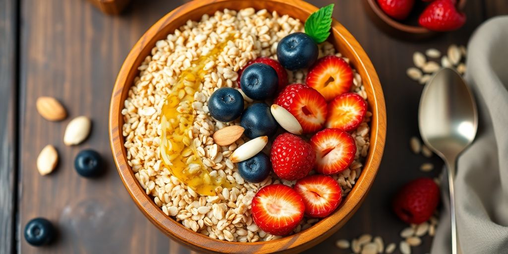 Bowl of colorful whole grains with fresh fruits and nuts.