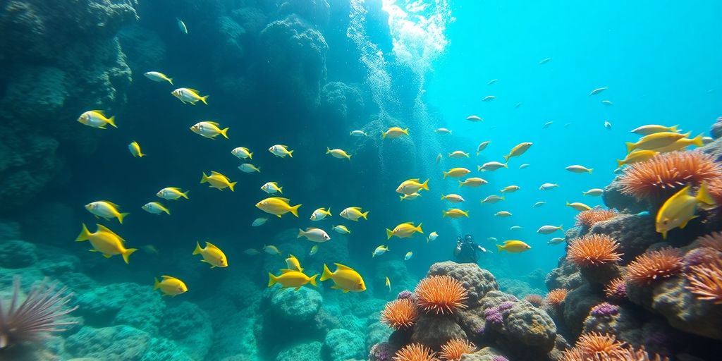 Vibrant coral reef teeming with diverse marine life.