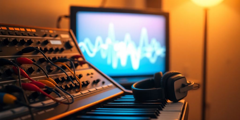 Synthesizer, headphones, sound waves, music studio.