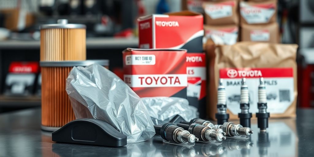 Toyota car parts arranged on a clean, well-lit workshop table.