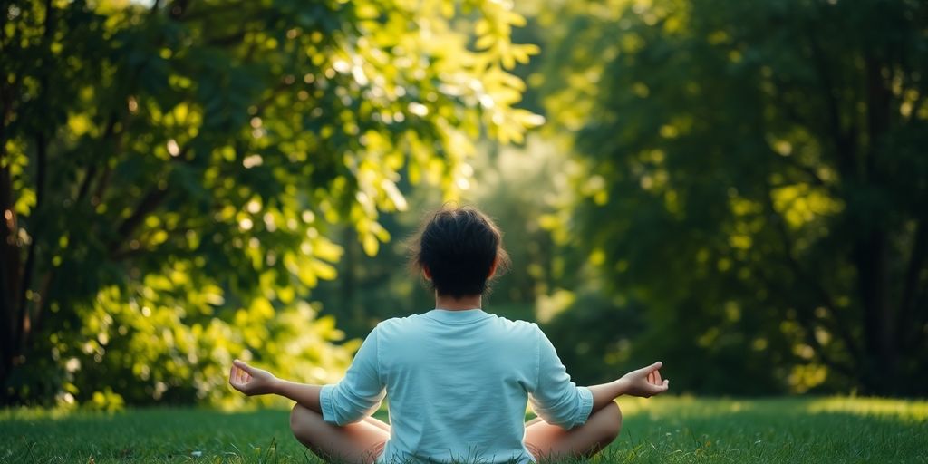 Person meditating peacefully outdoors amidst nature.