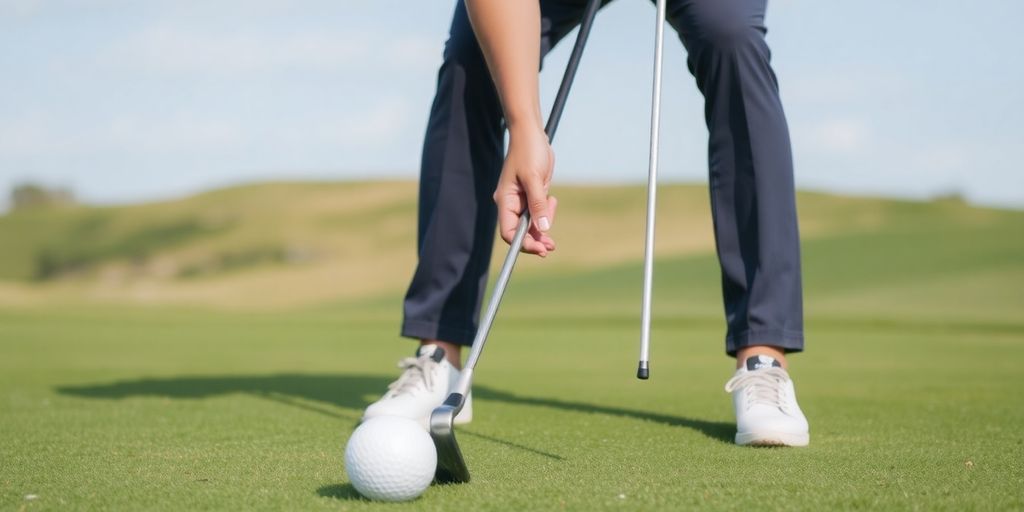 Golfer practicing putting stroke with practice sticks.