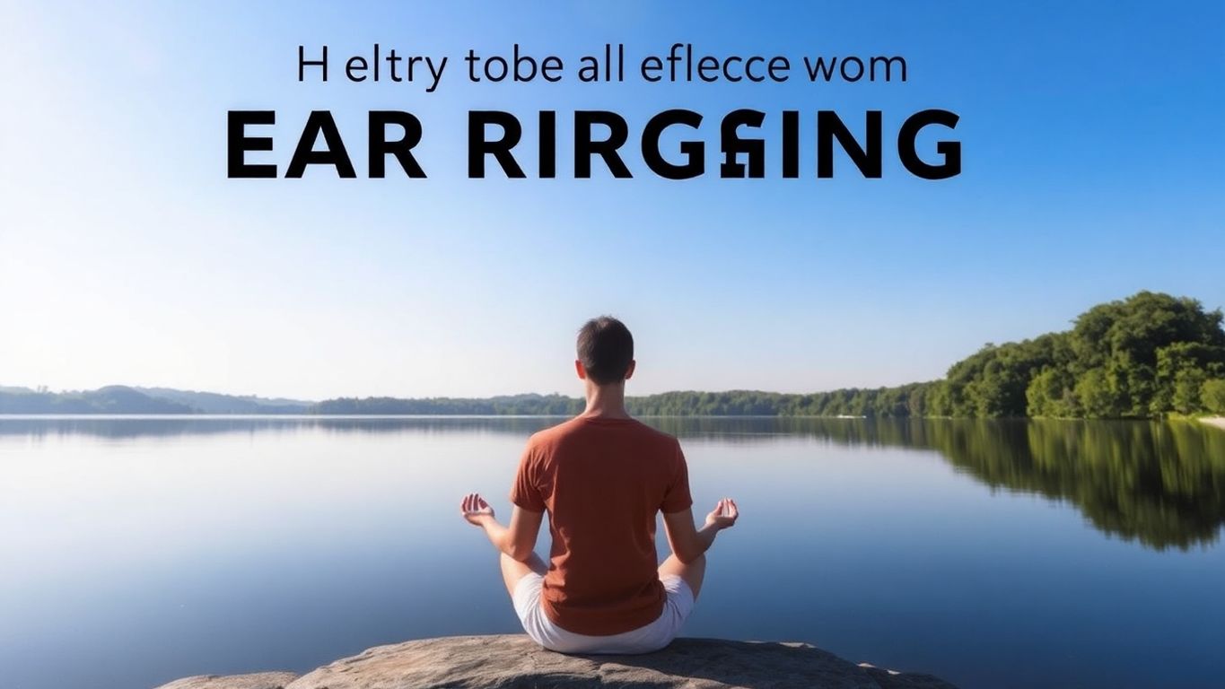 Tranquil landscape with a person meditating by water.