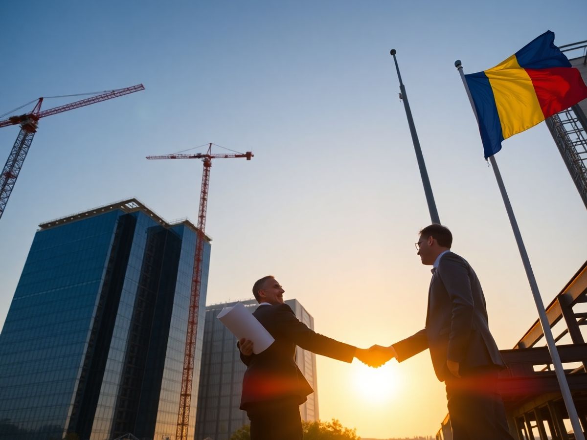 Profesioniști de afaceri pe șantier cu stindarde americane și românești