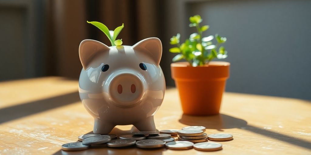 Piggy bank, coins, and a plant.