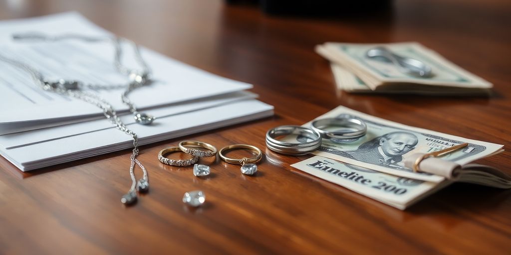 Bijoux, documents, argent sur comptoir.