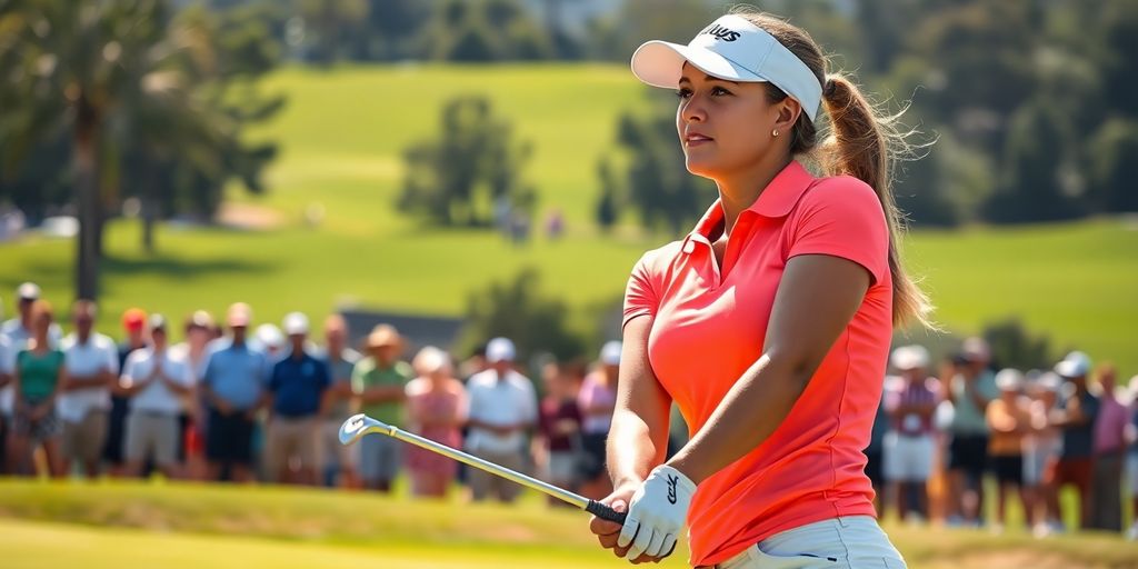 Female golfer swinging on a sunny golf course.