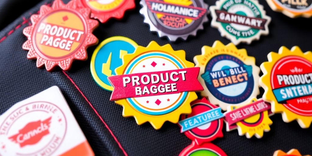 Product badges on merchandise.