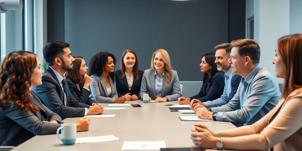 Business meeting with diverse professionals in a modern setting.
