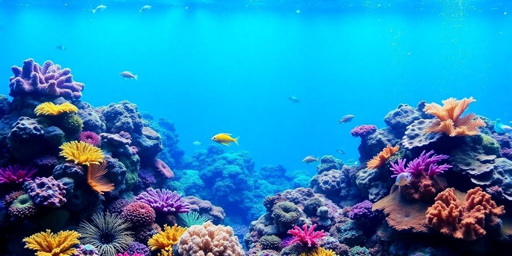 色彩斑斓的珊瑚礁，里面有多种海洋生物在水下游动。